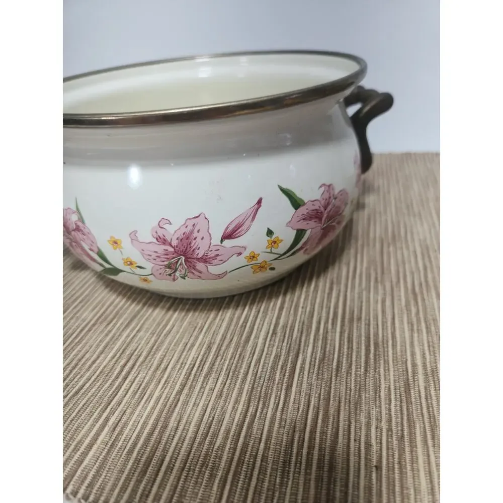 Vintage Normandy Taiwan Pink Lily Enamel Casserole Set w/ Lid Floral Cookware 2